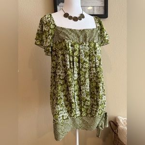 Apt. 9 Women’s Green Floral Blouse w/Side Tie, Flared Sleeves, Semi Sheer -Sz XL